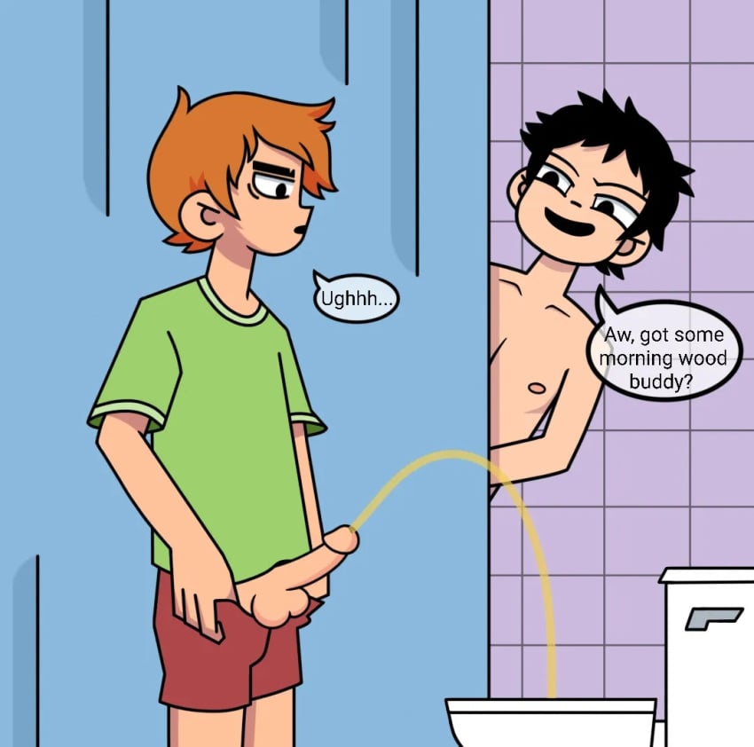 2boys black_hair circumcised erection exposed_nipple gay ginger_hair male male_only morning_wood nude pants_down peeing penis scott_pilgrim scott_w_pilgrim shower shower_curtain showering smooth_penis toilet urine_stream wallace_wells