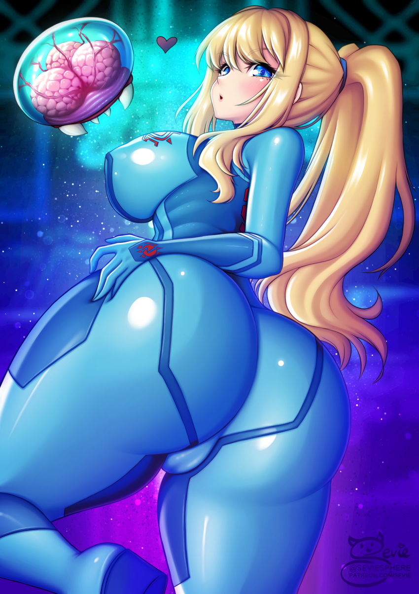 1girls ass baby_(metroid) blonde_hair blue_eyes bodysuit cameltoe female female_only heart hi_res long_hair looking_at_viewer metroid metroid_(creature) nintendo nipple_bulge ponytail samus_aran sevie seviesphere solo solo_female thick_thighs thunder_thighs zero_suit zero_suit_samus