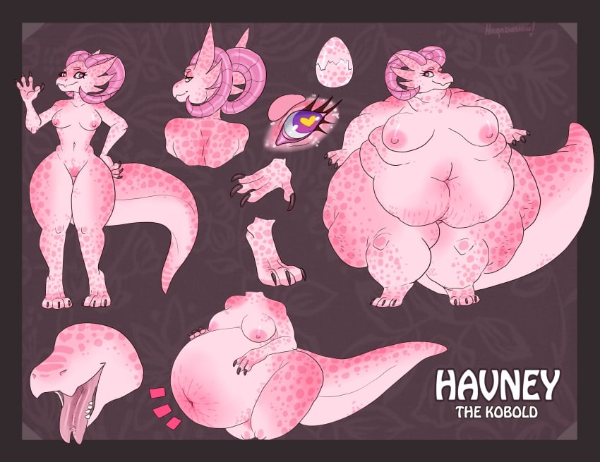 <3_eyes absurd_res big_breasts bovid_horn breasts caprine_horn cellulite egg female forked_tongue haradoshin havney heart hi_res horn kobold looking_at_viewer looking_back model_sheet obese obese_female overweight overweight_female pink_body pregnant ram_horn solo stretch_marks thick_tail tongue