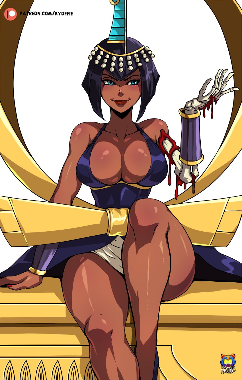 big_breasts black_hair blood blue_eyes bob_cut breasts cleavage clothing da_đen dark-skinned_female egyptian egyptian_clothes egyptian_headdress eliza_(skullgirls) female kyoffie short_hair skeletal_hand skullgirls solo thick_thighs white_background