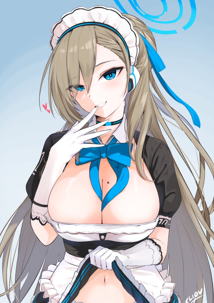 1girls apron artist_name asuna_(blue_archive) bangs between_breasts black_dress blue_archive blue_bow blue_bowtie blue_eyes blue_ribbon bow bowtie breasts brown_hair choker cleaning_&_clearing_(blue_archive) cleavage cliov clothes_lift commentary_request dress dress_lift eyebrows_visible_through_hair female glove_pull gloves grin hair_between_eyes hair_ribbon halo headphones heart highres large_breasts lifted_by_self light-skinned_female light_skin long_hair looking_at_viewer maid_headdress millennium_science_school_student mole mole_on_breast navel panties presenting puffy_short_sleeves puffy_sleeves ribbon seductive_smile short_sleeves smile solo swept_bangs underwear very_long_hair white_apron white_gloves white_panties