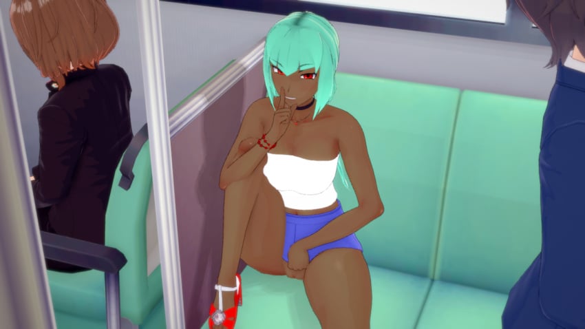 2022 3d choker dark-skinned_female emerald_sustrai exhibitionism female female_only green_hair koikatsu muffin_fox9 no_panties red_eyes rwby solo_focus