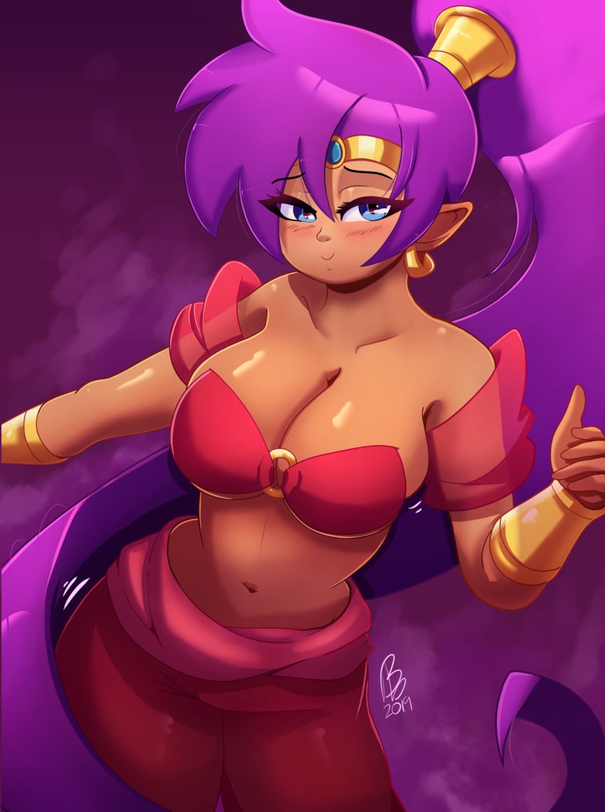 1girls belly_dancer belly_dancer_outfit benbeau big_breasts blue_eyes blush blushing_at_viewer breasts cleavage dark-skinned_female dark_skin earrings eye_contact female female_only genie large_breasts long_ears long_hair looking_at_viewer midriff navel pointy_ears ponytail purple_hair shantae shantae_(character) simple_background smile smiling smiling_at_viewer smooth_skin solo solo_female tagme thighs tiara wayforward