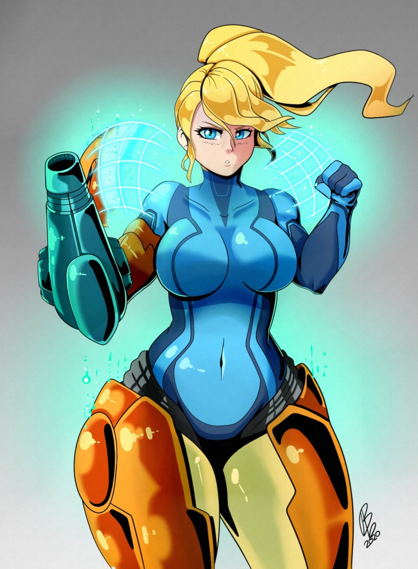 1girls armor armored_samus benbeau big_breasts blonde_hair blue_eyes bodysuit breasts curvy eye_contact female female_only front_view large_breasts light-skinned_female light_skin long_hair looking_at_viewer metroid nintendo power_armor power_suit samus_aran solo solo_female suit tagme tomboy toned toned_female varia_suit voluptuous weapon zero_suit zero_suit_samus