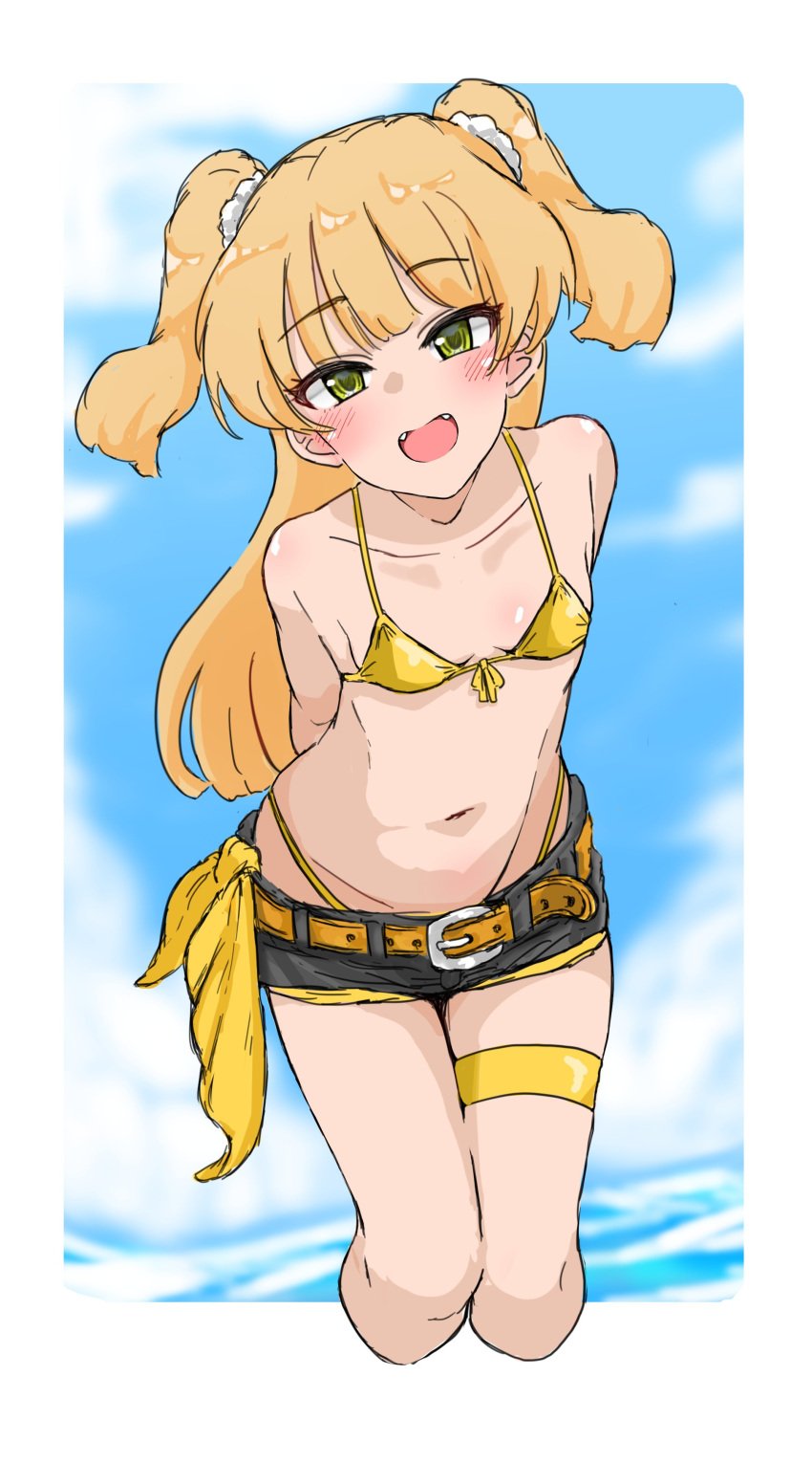 absurdres arms_behind_back asymmetrical_legwear bikini bikini_under_clothes blonde_hair blue_sky blunt_ends blush breasts cheeky cloud collarbone cropped_legs fangs female front-tie_bikini front-tie_top hair_ornament hair_scrunchie highleg highleg_panties highres idolmaster idolmaster_cinderella_girls jougasaki_rika legband looking_at_viewer midriff navel ocean panties petite scrunchie sky small_breasts solo swimsuit two_side_up underwear wasabijoyu76 yellow_bikini young