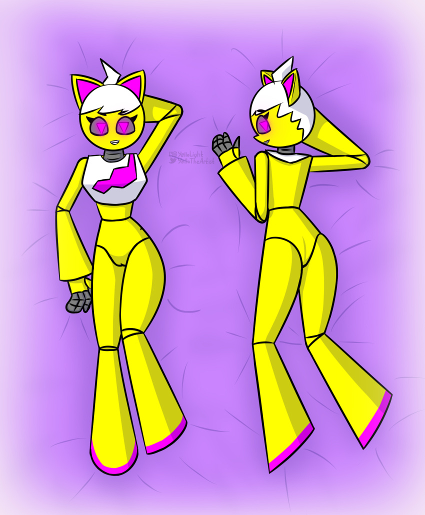 1girls dakimakura dakimakura_pose female female_only geometry_dash robot robot_girl trianna_(yellolight) white_hair yellolight yellow_skin