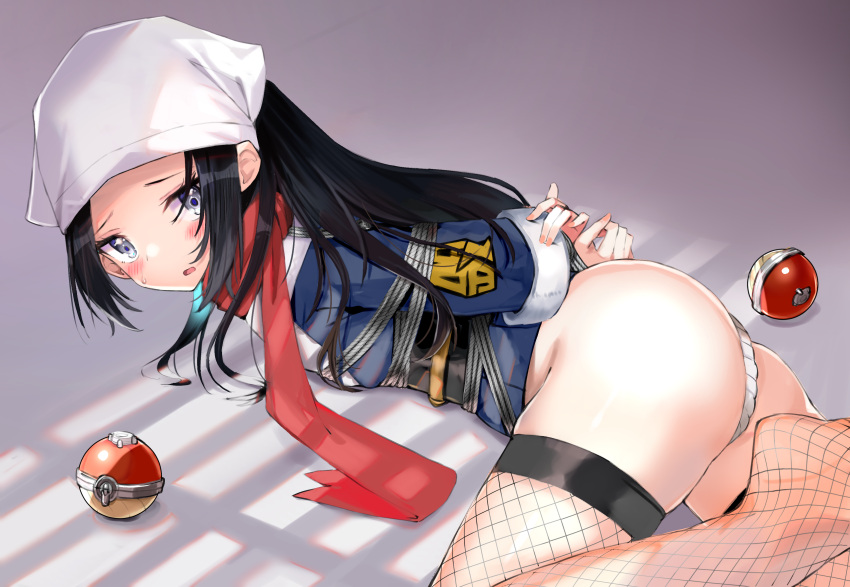 1girls akari_(pokemon) ass black_hair blue_clothing blue_eyes blush bondage butt color fishnets fundoshi headgear headwear kimono komugiaoi1 looking_at_viewer lying on_the_floor open_mouth pokeball pokemon pokemon_legends:_arceus scarf thighs tied_hands tied_up white_hat