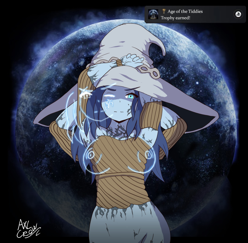 1girls 2022 2d 4_arms artist_logo artist_name artist_signature axlcrow1 bare_breasts big_breasts blue_body blue_eyes blue_hair blue_skin bottomless breasts cracked_skin doll doll_joints elden_ring female female_focus female_only fromsoftware ghost_girl ghost_nipples long_blue_hair long_hair looking_at_viewer multi_face night nipples one_eye_closed ranni_the_witch rope sole_female soles solo solo_female solo_focus topless witch witch_hat