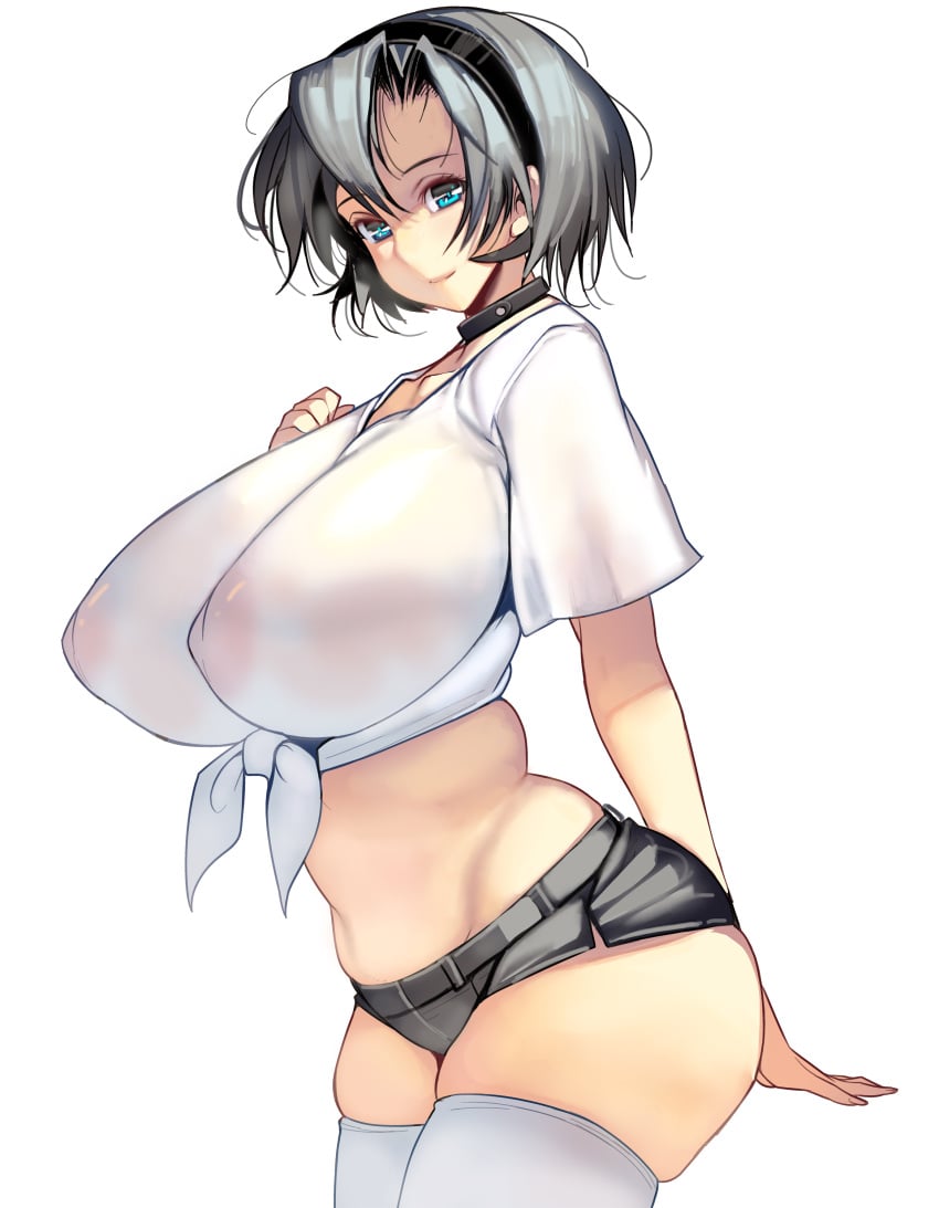 big_breasts blue_eyes booty_shorts choker female female_only grey_hair hairband huge_breasts looking_at_viewer masao nipples_visible_through_clothing original see-through_clothing short_hair short_shorts shorts smile t-shirt thick_thighs thighhighs tied_shirt white_legwear white_shirt white_thighhighs zettai_ryouiki