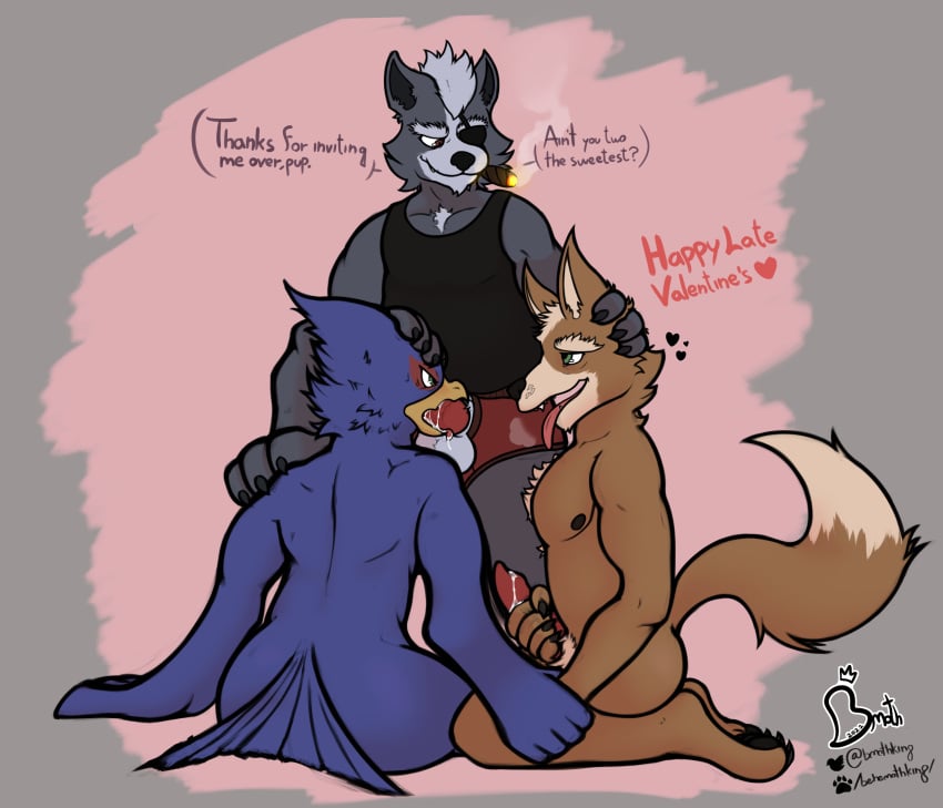 absurd_res anthro behemothking breath chest_tuft cigar clothing dialogue eye_contact falco_lombardi fellatio foot_on_shoulder fox_mccloud group group_sex hand_holding heart hi_res holding_head kneeling kneeling_oral_position looking_at_another looking_down_at_partner male male/male male_only masturbation nintendo nipples nude oral panting penile raised_tail sex shirt simple_background smoking smoking_tobacco speech_bubble star_fox tank_top topwear tuft underwear video_games voyeur watermark wolf_o'donnell