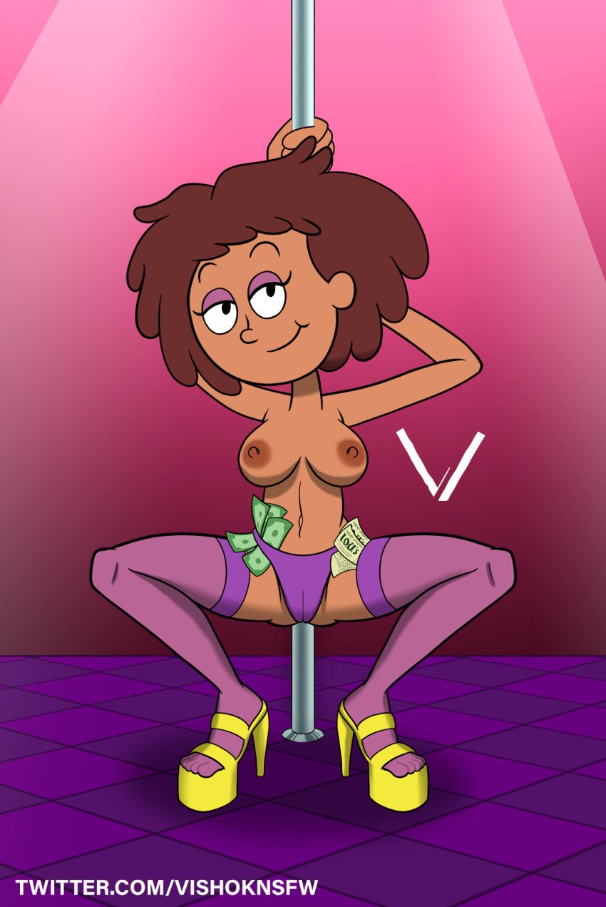 1girls amphibia anne_boonchuy breasts brown_hair dark-skinned_female dark_skin disney disney_channel eyebrows eyelashes eyeshadow feet female female_only half-closed_eyes high_heels money navel nipples pose smile smooth_skin solo stripper_pole toes topless vishoknsfw