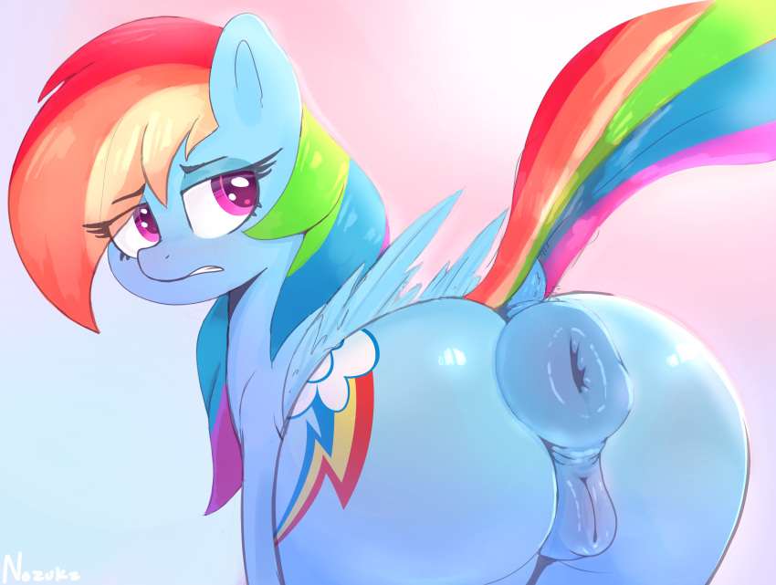 2022 absurd_res anus ass blue_body butt_focus cutie_mark digital_media_(artwork) equid equine eyebrows eyelashes feathered_wings feathers female feral friendship_is_magic genitals hair hasbro hi_res looking_back mammal multicolored_hair multicolored_tail my_little_pony nozukznsfw nude pegasus puffy_anus purple_eyes pussy rainbow_dash_(mlp) rainbow_tail rear_view simple_background solo wings