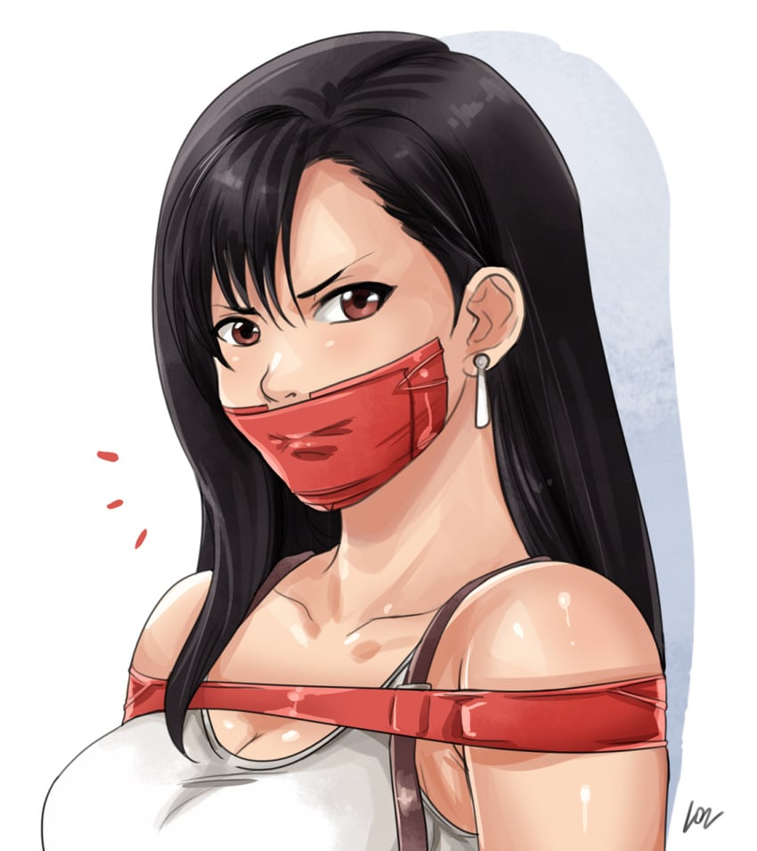 black_hair bondage bound bound_arms breasts brown_eyes cleavage clothed clothed_female earrings female femsub final_fantasy final_fantasy_vii gag gagged long_hair looking_at_viewer lostonezero red_tape solo solo_female tape_bondage tape_gag taped_arms taped_mouth tifa_lockhart white_background