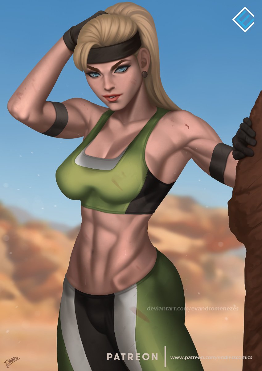 1girls 2021 2d abs blonde_hair blue_eyes cleavage evandromenezes female female_only fit_female fully_clothed gloves headband looking_at_viewer midriff mortal_kombat mortal_kombat_3 smile solo sonya_blade sports_bra sportswear sweat white_skin yoga_pants