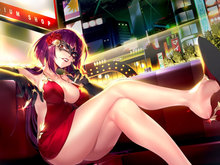 action_taimanin ass bangs bare_legs big_breasts blunt_bangs crossed_legs domino_mask dress elbow_gloves feet flower_in_hair game_cg gloves legs lipstick looking_at_viewer looking_down mask masked masked_female mature_female no_socks oboro_(taimanin_asagi) ponytail purple_hair red_dress red_lipstick shoe_dangle sitting soles tagme taimanin_(series) taimanin_asagi upskirt villain