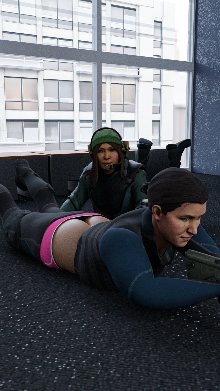 2girls ass brown_eyes brown_hair counter counter-strike:_global_offensive counter-strike_(series) female female_focus female_only focus girl multiple_girls panties pants_down pink_panties shiny_skin valve weapon