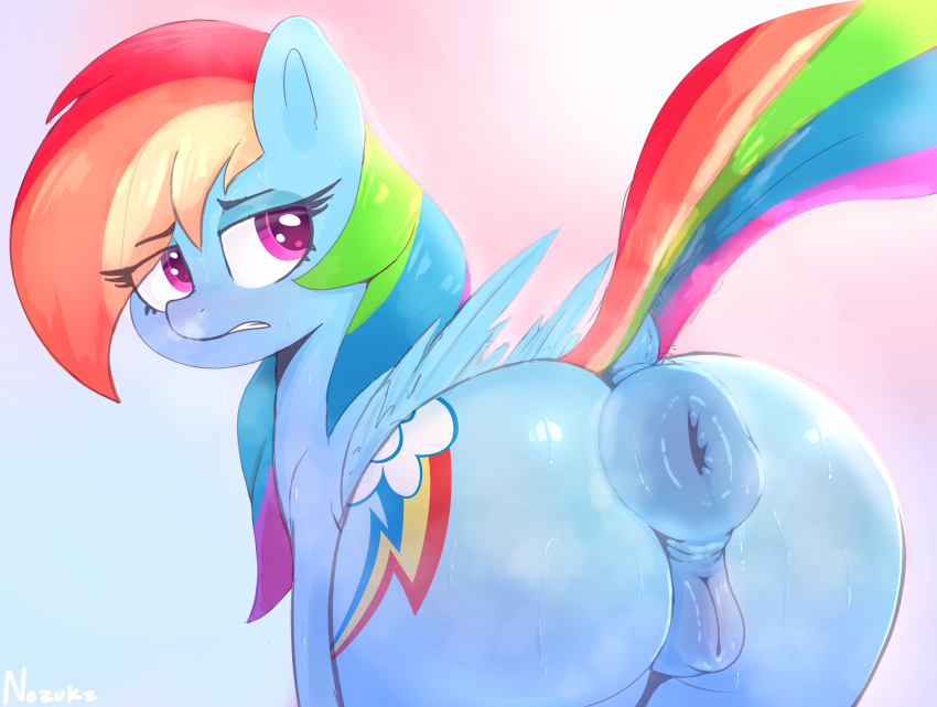 2022 absurd_res anus ass blue_body butt_focus cutie_mark digital_media_(artwork) equid equine eyebrows eyelashes feathered_wings feathers female feral friendship_is_magic genitals hair hasbro hi_res looking_back mammal multicolored_hair multicolored_tail my_little_pony nozukznsfw nude pegasus puffy_anus purple_eyes pussy rainbow_dash_(mlp) rainbow_tail rear_view simple_background solo wings