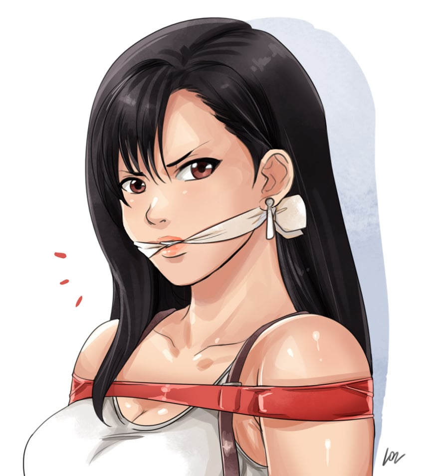 angry_expression bondage brunette final_fantasy final_fantasy_vii gag gagged long_hair looking_at_viewer lostonezero tied_up tifa_lockhart