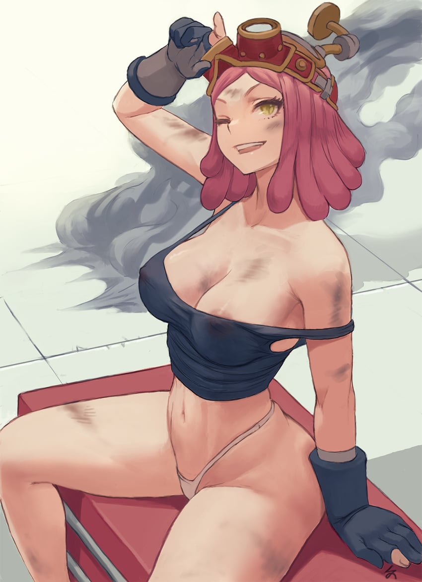 1girls almost_naked areola areola_slip areolae bare_shoulders barely_clothed black_gloves black_tank_top bottomless cutesexyrobutts_(style) dirty dreadlocks female female_only gloves goggles goggles_on_head hair_on_head highleg highleg_panties medium_hair mei_hatsume midriff my_hero_academia no_bra off_shoulder one_eye_closed panties partially_clothed pink_hair sitting smile solo solo_focus strap_slip tank_top tile_floor tiles underwear unusual_pupils white_panties yellow_eyes zefra_bleu