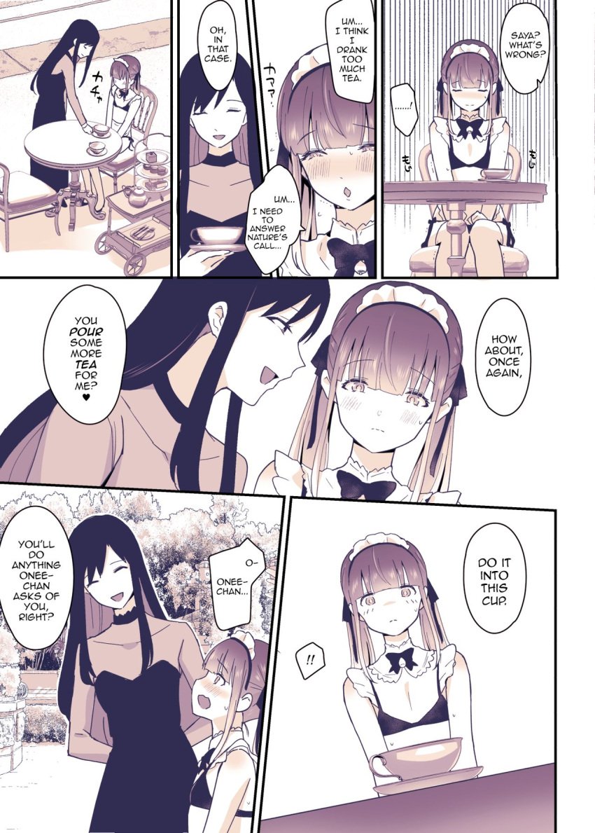 1boy 1boy1girl 1girls bangs bikini boku_wa_onee-chan_no_imouto bowtie brother brother_and_sister crossdressing cup doujinshi femboy hair_ornament long_hair maid_headdress panels sennomori_maitake sister table text_bubble trap twintails uratari