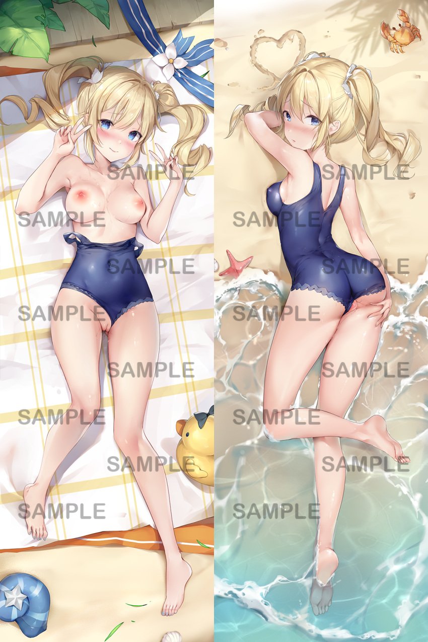 ass ass_grab barbara_(genshin_impact) barbara_(summertime_sparkle)_(genshin_impact) bare_legs barefoot beach beach_towel blonde_hair blue_eyes blue_nails blue_swimsuit blush breasts breasts_out closed_mouth clothes_pull clothing_aside commentary covered_navel covered_nipples crab daefny dakimakura_(medium) day double_v drill_hair eyebrows_visible_through_hair female flower from_above full_body furrowed_brow genshin_impact grabbing_own_ass hair_between_eyes hair_intakes heart highres knees_together_feet_apart leaf looking_at_viewer lying medium_breasts medium_hair multiple_views nail_polish nervous_smile nipples no_hat no_headwear nun ocean official_alternate_costume on_back on_stomach one-piece_swimsuit outdoors partially_undressed pussy pussy_juice rubber_duck sample_watermark sand_writing seashell shade shell sideboob skin_tight smile soles spread_ass spread_pussy starfish swimsuit swimsuit_aside swimsuit_pull thighs toenail_polish toenails towel twin_drills twintails uncensored v water wet white_flower zi_tong_zhi_lei