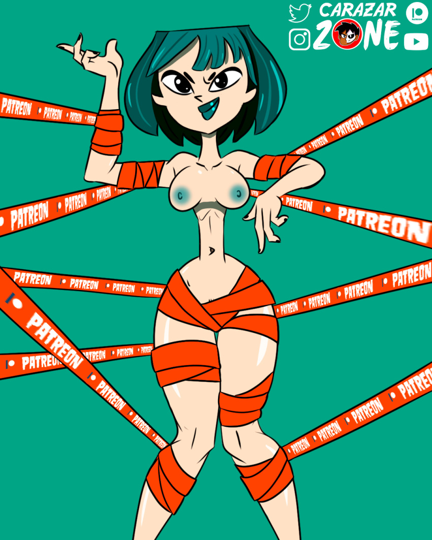 breasts carazar_zone goth green_hair gwen_(tdi) nipples only_one_naked smile solo_female straight_hair tagme tape text total_drama_island