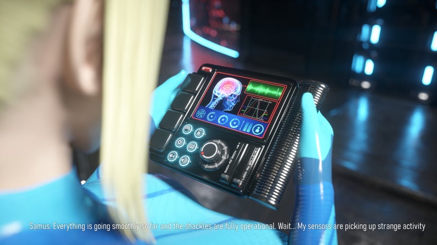 3d big_breasts english_text icedev ipad metroid over_the_shoulder samus_aran technology text zero_suit zero_suit_samus