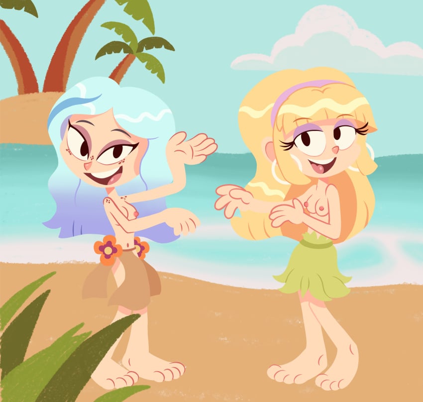 2girls andrea_davenport barefoot beach blonde_hair blue_hair blue_sky breasts casual casual_nudity casual_topless crashie crashie_(artist) crossover dancing disney disney_channel disney_xd freckles grass_skirt gravity_falls happy hawaii hula nipples ocean pacifica_northwest palm_tree smile straight_hair the_ghost_and_molly_mcgee topless topless_female traditional_clothes