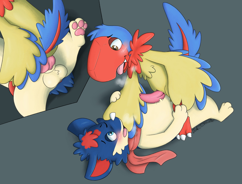 16:9 anal anal_sex archen avian bird blush cowgirl_position digital_drawing_(artwork) digital_media_(artwork) duo erection feral fossil_pokémon from_front_position genitals hi_res jake_the_traveler knot male male/male male_penetrated male_penetrating male_penetrating_male nintendo on_bottom on_top pawpads penetration penis pokémon_(species) pokemon pokemon_(species) quilava scarf sex signature slit video_games widescreen