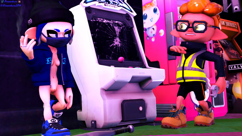 3d annoyed arcade arcade_machine baseball_bat beanie blue_eyes blue_shoes breasts cigarette dev_(freezerburn) employee eyes_half_open freezerburnsfm headgear hoodie inkling inkling_boy looking_at_another looking_surprised mask nintendo octoling octoling_girl sfm smoke source_filmmaker splatoon splatoon_2 team_fortress_2 vagina wrench