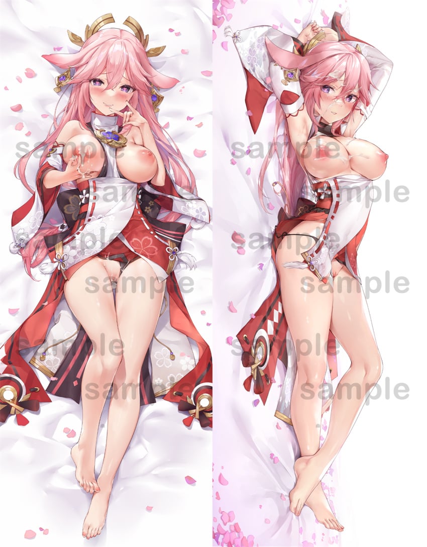 animal_ears armpits arms_up ass_visible_through_thighs bangs bare_legs barefoot bed_sheet between_breasts black_panties blush body_pillow body_pillow_design breasts breasts_out cherry_blossoms clothes_between_breasts clothing_aside commentary crossed_bangs cum cum_in_pussy cum_inside cum_on_body cum_on_breasts cum_on_clothes cum_on_hair cumdrip daefny dakimakura dakimakura_(medium) detached_sleeves earrings eyebrows_visible_through_hair facial female floral_print flower_knot fox_ears fox_shadow_puppet from_above full_body furrowed_brow genshin_impact grabbing_own_breast hair_between_eyes headpiece heart heart-shaped_pupils highres japanese_clothes jewelry lips long_hair looking_at_viewer lying medium_breasts miko multiple_views necklace nipple_tweak nipples obi on_back panties panties_aside parted_lips petals pink_hair purple_eyes pussy sakuramon sample_watermark sash self_fondle side-tie_panties sideboob simple_background smile symbol-shaped_pupils tassel thigh_gap thighs uncensored underwear white_background wide_sleeves yae_miko zi_tong_zhi_lei