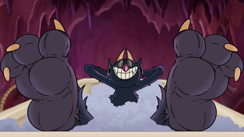 absurd_res animate_inanimate cuphead_(game) demon feet fur genitals hi_res horn humanoid hyper incrediblecrocodile male male_only muscular non-human not_furry paws penis smile solo the_devil_(cuphead) video_games