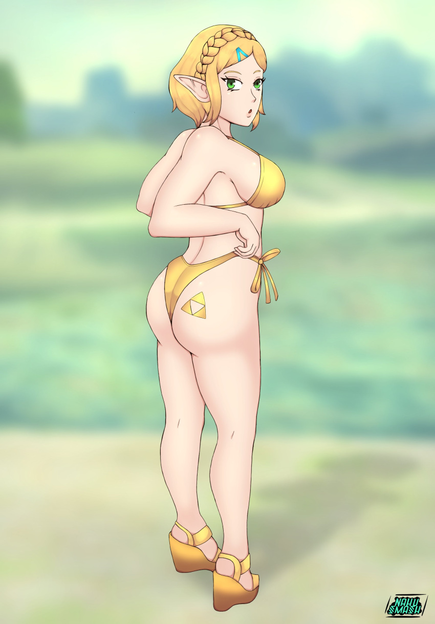 1girls ass bikini blonde_hair breath_of_the_wild fair-skinned_female fair_skin female female_focus female_only fully_clothed heels high_heels light-skinned_female light_skin looking_back nahusmash nintendo platform_heels pointy_ears princess_zelda solo solo_female solo_focus swimsuit tears_of_the_kingdom the_legend_of_zelda wedge_heels zelda_(tears_of_the_kingdom)