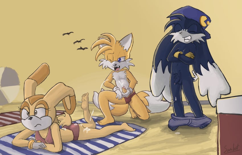 anthro beach canine clothing cream_the_rabbit crossover cum day female fox fur handjob interspecies klonoa klonoa_(series) kneeling lupine lying male mammal masturbation multiple_males namco on_front outdoors rabbit sambot sonic_(series) standing tails unknown_species