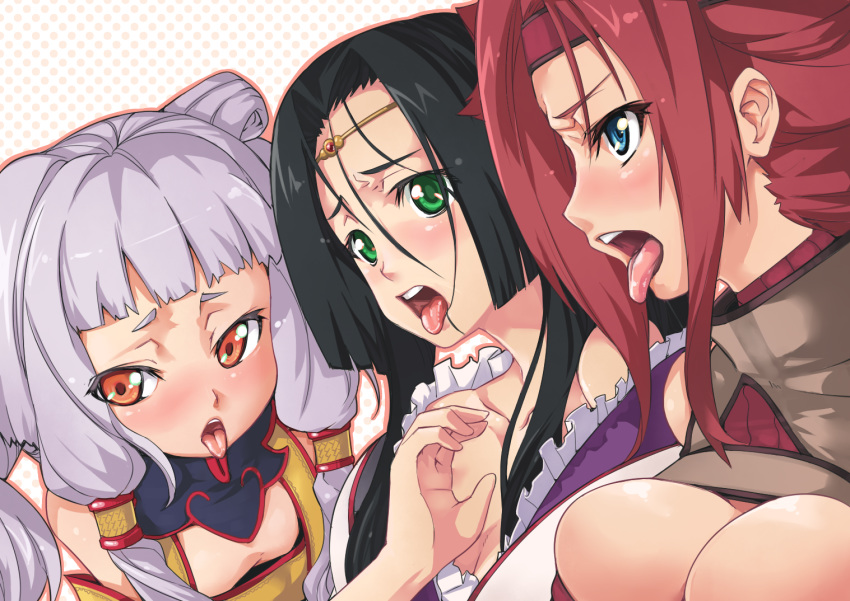 3girls ahe_gao black_hair blue_eyes blush breasts cleavage code_geass female female_only green_eyes headband hijiri kallen_stadtfeld large_breasts long_hair multiple_girls open_mouth orange_eyes purple_hair red_hair short_hair sumeragi_kaguya tianzi tongue