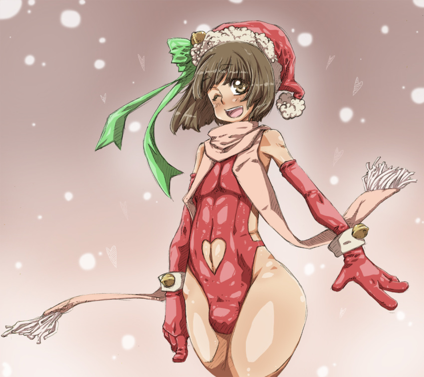 1boy ;) bell blush bow brown_eyes brown_hair bulge christmas elbow_gloves gloves hat leotard red_gloves santa_hat scarf short_hair snowing solo trap warumono_tomii wink