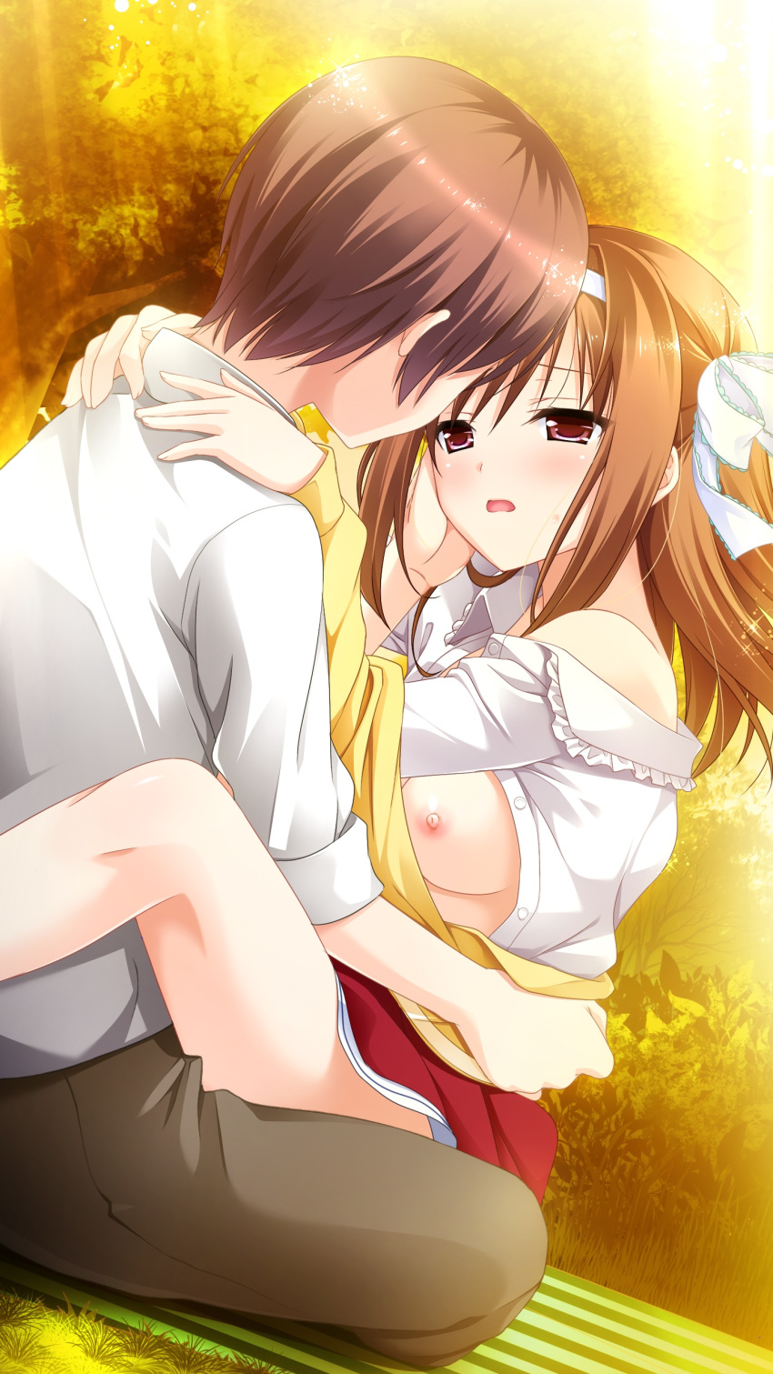 areolae blush breasts female forest game_cg hairband kimishima_ao legs mitsu_king nipples no_bra no_panties open_clothes open_mouth orange_hair otome_ga_kanaderu_koi_no_aria penis red_eyes sex short_hair skirt small_breasts sunlight sweat thighs trees tsukahara_izumi vaginal_penetration yukishiro_kotori zinno