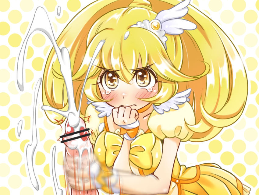 1boy 1girls blush censored clothing crying cum cumshot cure_peace cute dress ejaculation female femdom handjob long_hair mabo-udon magical_girl male medium_breasts milking milking_handjob no_text no_text_version penis_squeeze post_orgasm post_orgasm_torture precure pretty_cure ribbon smile_precure squeezing_penis tagme tears upset yayoi_kise yellow_eyes yellow_hair yellow_theme