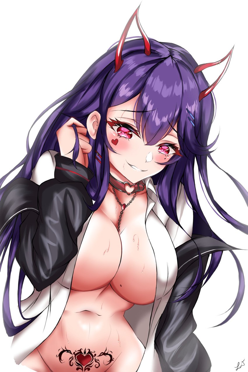 1girls akuma_nihmune breasts cleavage demon_girl female female_only horns indie_virtual_youtuber large_breasts leon_decarabia light-skinned_female light_skin long_hair pink_eyes pubic_tattoo purple_hair solo succubus succubus_tattoo tattoo virtual_youtuber