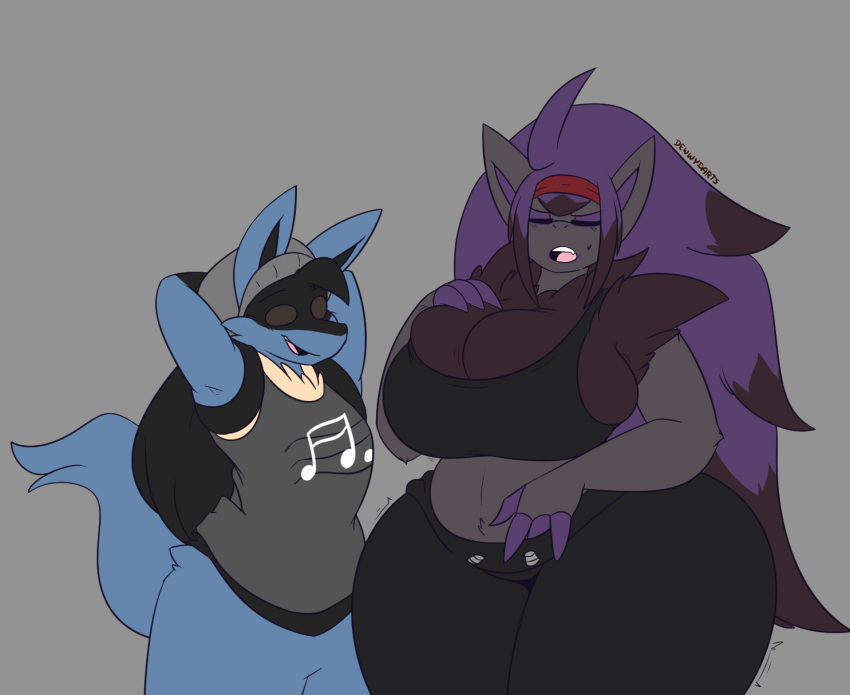 anthro big_breasts dart(dewwydartz) dewwydarts dewwydartz female game_freak grey_background lucario nea(dewwydartz) nintendo pokemon pokemon_(species) tagme thick_thighs zoroark