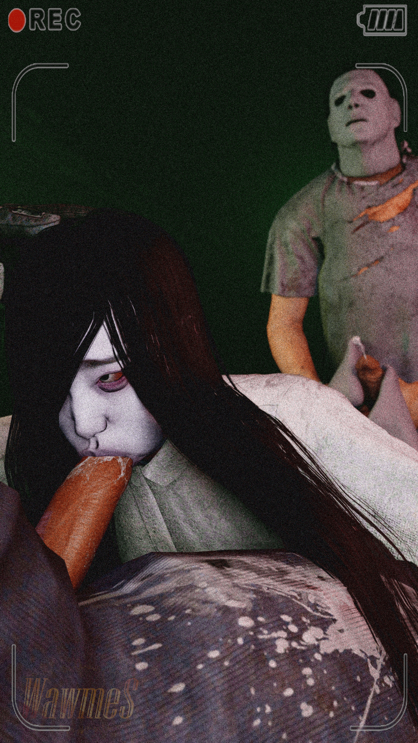 1girls 2boys 3d black_hair blowjob crossover cumming dbd dead_by_daylight footjob ghostface halloween_(series) light-skinned_male long_hair michael_myers phone phone_screen recording reverse_footjob scream_(franchise) sloppy_blowjob the_ring wawmes white_skin yamamura_sadako