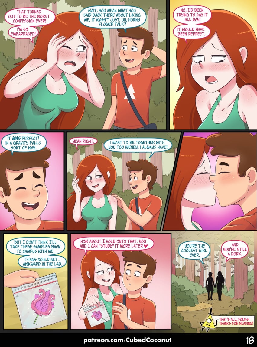 1boy 1boy1girl 1girls after_sex aphrodisiac breasts brown_hair clothed clothed_female color colored comic cubedcoconut dialogue dipper_pines duo english_dialogue english_text female freckles fully_clothed gravity_falls human long_hair male medium_breasts page_18 pale-skinned_female pale-skinned_male pale_skin red_hair smooth_skin straight tank_top text wendy_corduroy young