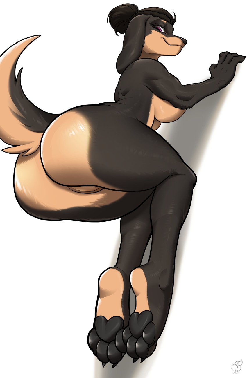 4_toes absurd_res anthro ass barefoot big_butt breasts canid canine canis countershade_feet countershading domestic_dog feet female foot_focus fur furry furry_only genitals hi_res kittell_(artist) looking_at_viewer looking_back mammal multicolored_body multicolored_fur naked nude plantigrade pussy soles solo submissive submissive_female tail toes two_tone_body two_tone_fur