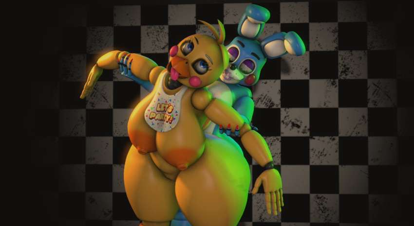 1boy 1girls 3d animatronic anthro anthro_on_anthro breasts bunny chicken female femboy femboy_on_female five_nights_at_freddy's five_nights_at_freddy's_2 fucked_silly furry hanging_breasts huge_toy_chica runaboo_chica sex sex_from_behind sfm straight thick_thighs toy_bonnie_(fnaf) toy_chica_(fnaf)