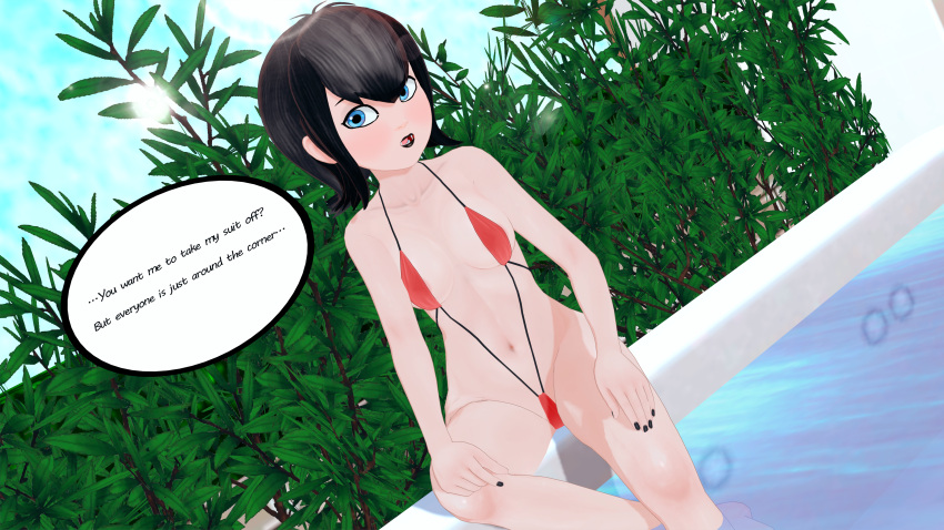 1girls 3d bamboo black_hair black_lipstick black_nails blush blushing breasts butts69420 embarrassed exhibitionism fangs female fingernails goth high_resolution highres hotel_transylvania illusion_soft koikatsu looking_at_viewer mavis_dracula nail_polish png pool poolside public string_bikini talking_to_viewer text text_bubble vampire