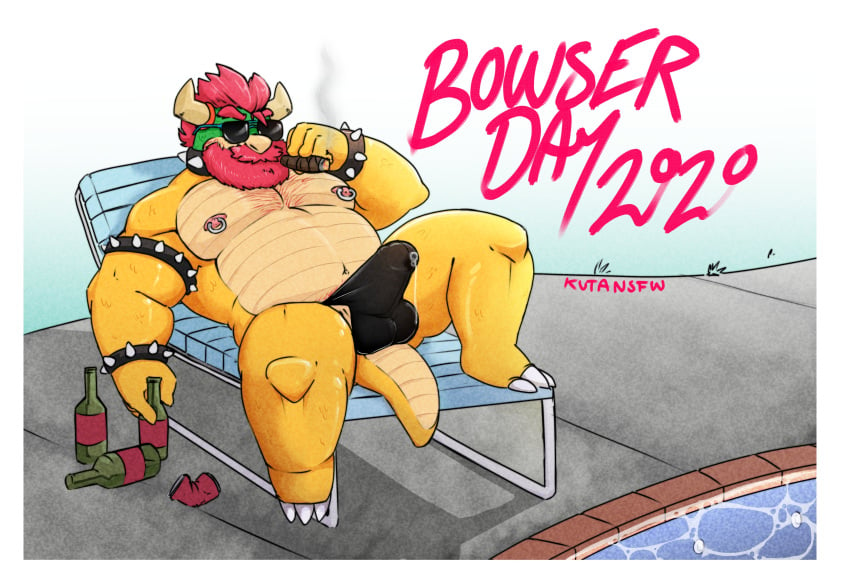 absurd_res bara beard bodily_fluids bowser bowser_day bulge cigar clothing eyewear facial_hair genital_fluids hi_res koopa male male_focus male_only mario_(series) nintendo nipple_piercing nipples outcast-stars piercing precum precum_through_clothing scalie solo sunglasses video_games wet wet_clothing