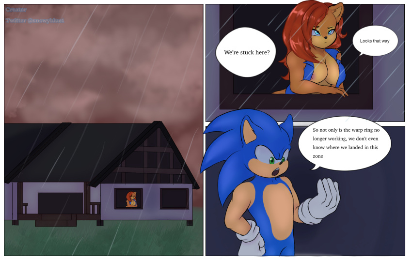 anthro archie_comics big_breasts clothing comic digital_media_(artwork) duo exposed_torso female footwear furry furry_only handwear hedgehog hi_res male mammal_humanoid mostly_nude nipples raining sally_acorn snowyblue sonic_(series) sonic_the_hedgehog sonic_the_hedgehog_(series)