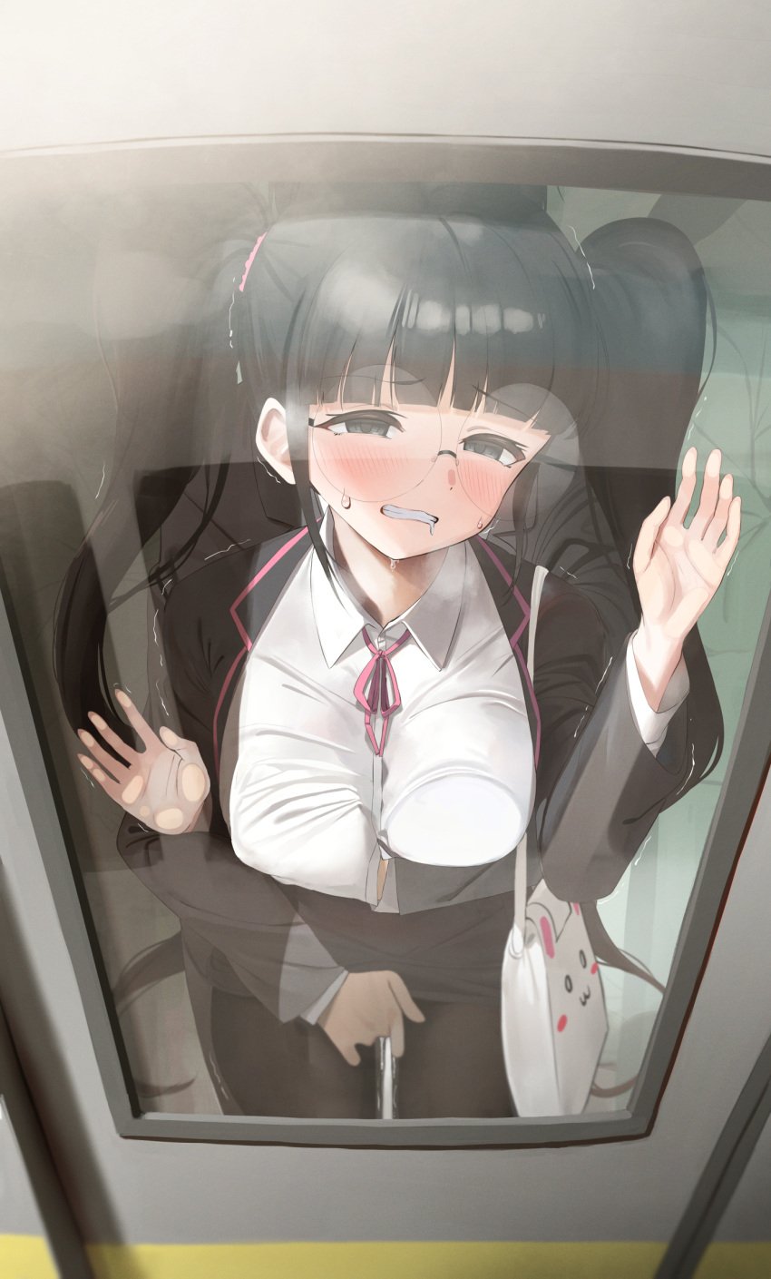 against_glass ahe_gao ahegao bag bangs black_eyes black_hair black_jacket black_legwear black_skirt blunt_bangs blush breast_press breasts breasts_on_glass chikan clenched_teeth collared_shirt commission crowd dress_shirt eyebrows_visible_through_hair female fingering formal from_outside glass half-closed_eyes hand_on_glass handbag highres jacket large_breasts long_hair long_sleeves looking_back miniskirt molestation office_lady open_clothes open_jacket open_mouth orgasm original pantyhose pink_ribbon pussy_juice pussy_juice_trail ribbon round_eyewear shirt skirt skirt_suit solo_focus standing straight suit sweatdrop teeth torogao train train_interior trembling twin_(tt_lsh) twintails very_long_hair white_shirt wince window