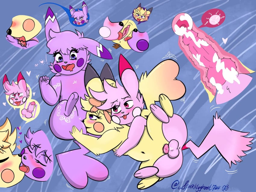 anthro female female/female feral group group_sex hi_res male male/female nintendo pikachu pixelyteskunk pokémon_(species) pokemon reimachu sex sparklyghost704 threesome trio video_games