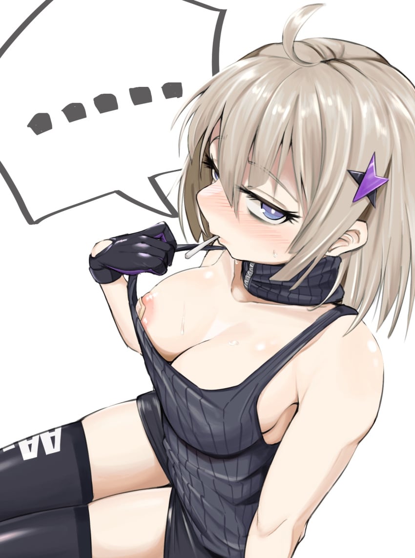 ... aa-12_(girls'_frontline) ahoge areolae bandaid bandaids_on_nipples black_gloves black_legwear black_shorts blue_eyes blush breasts collarbone female girls'_frontline gloves hair_between_eyes hair_ornament highres kuzumotsu large_breasts looking_at_viewer mouth_hold pasties shorts simple_background solo spoken_ellipsis star_(symbol) star_hair_ornament thighhighs white_background